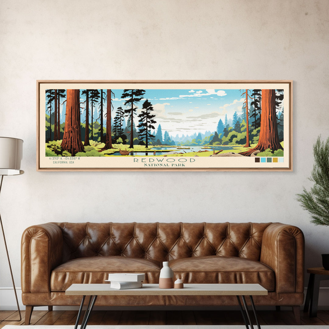 Redwood National Park Panoramic California Travel Art, National Park Print, Minimalist Travel Art, Midcentury Modern Style Landscape