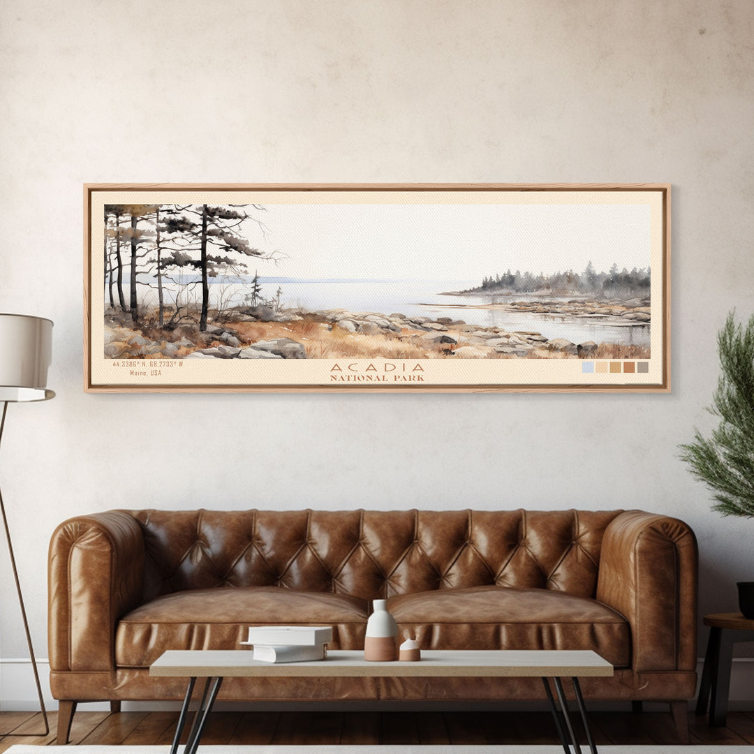 Acadia National Park Panoramic Maine Travel Art, National Park Print, Minimalist Travel Art, Subdued Watercolor Painting Panoramic