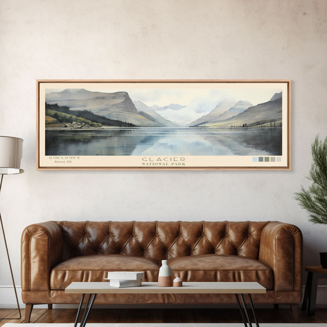 Glacier National Park Panoramic Montana Travel Art, National Park Print, Minimalist Travel Art, Subdued Watercolor Painting Panoramic