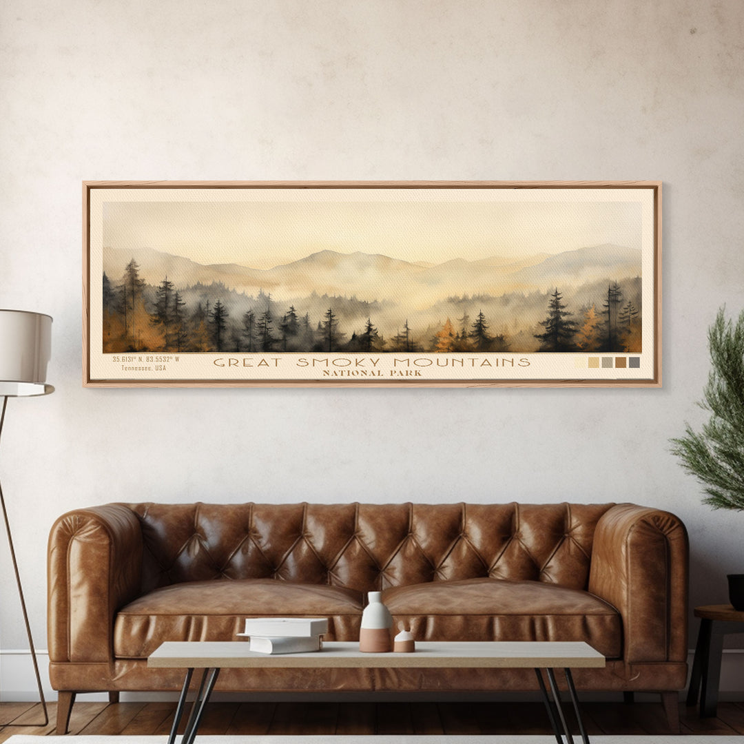 Great Smoky Mountains National Park Panoramic Travel Art, National Park Print, Minimalist Travel Art, Subdued Watercolor Painting Panoramic