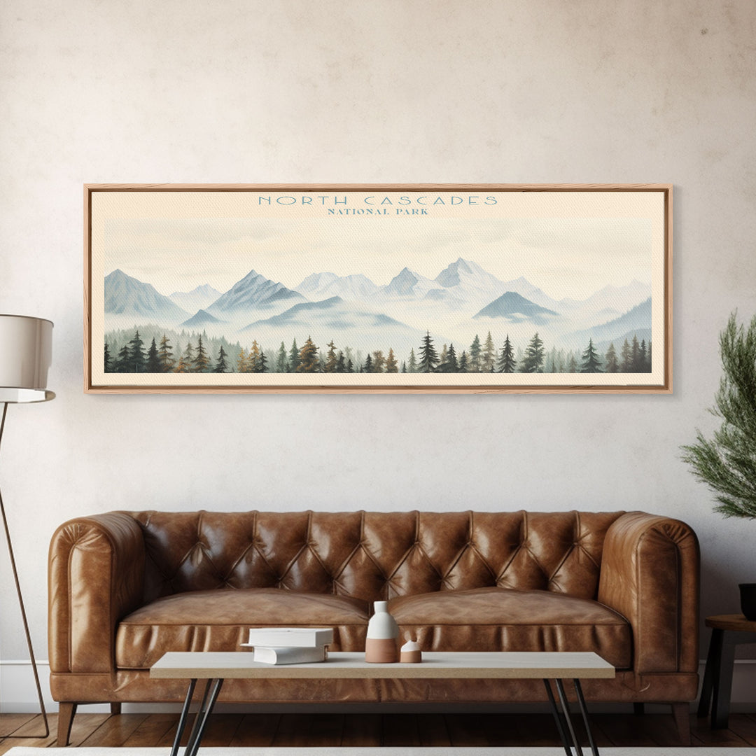 North Cascades National Park Panoramic Travel Art, National Park Print, Minimalist Travel Art, Subdued Watercolor Painting Panoramic