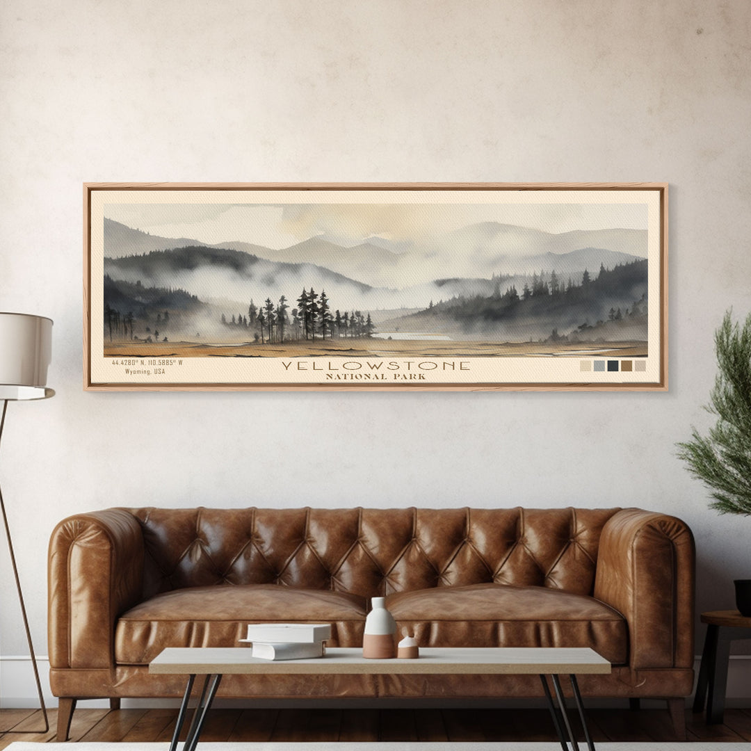 Yellowstone National Park Panoramic Wyoming Travel Art, National Park Print, Minimalist Travel Art, Subdued Watercolor Painting Panoramic