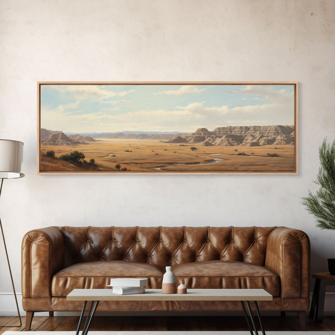 Panoramic Watercolor of Badlands National Park, North Dakota Wall Art, Landscape Painting Travel Art