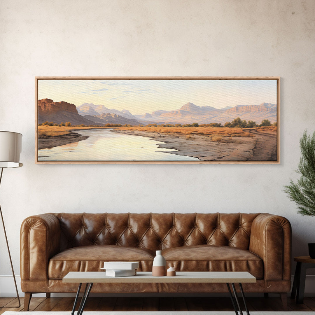 Ultrawide Panoramic Watercolor Landscape Painting Of a Utah Desert, Framed Canvas Print, Subdued Boho Minimalist Wall Art