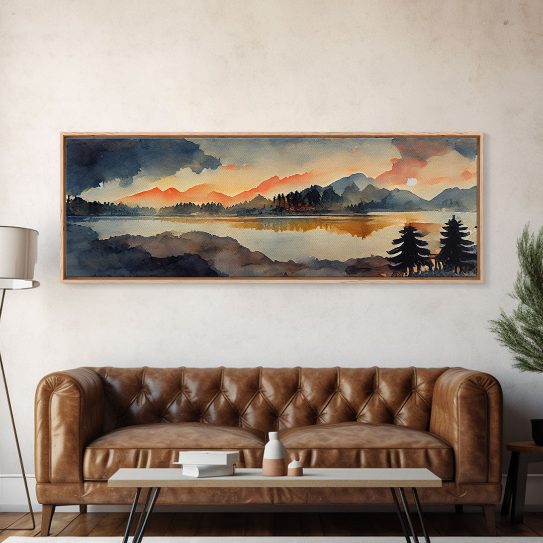 Watercolor painting of a forest fire, canvas print, landscape art, cool living room art, depressing art, Panoramic Ready To Hang wall decor