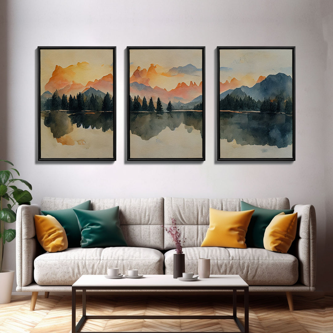 A Forest Fire At Sunset, 3 Piece Canvas Wall Decor, Ready To Hang Canvas Prints, Watercolor, Orange Landscape Sunset Art, Canvas Wall Decor