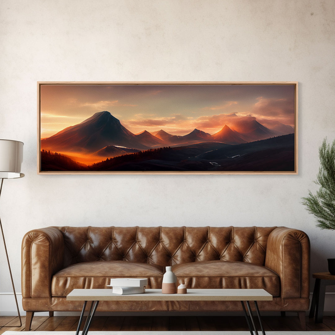 Sunset Over The Mountains, Ready To Hang Canvas Print, Panoramic Art, Above Bed Art, Above Couch Art, Above Sofa Landscape Decor