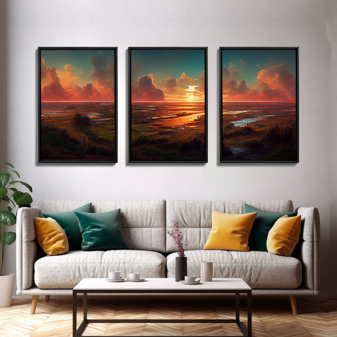 Ocean At Sunset, Lakehouse Wall Decor, 3 Piece Canvas Decor, 3 Piece Wall Art, Ready To Hang Canvas Prints