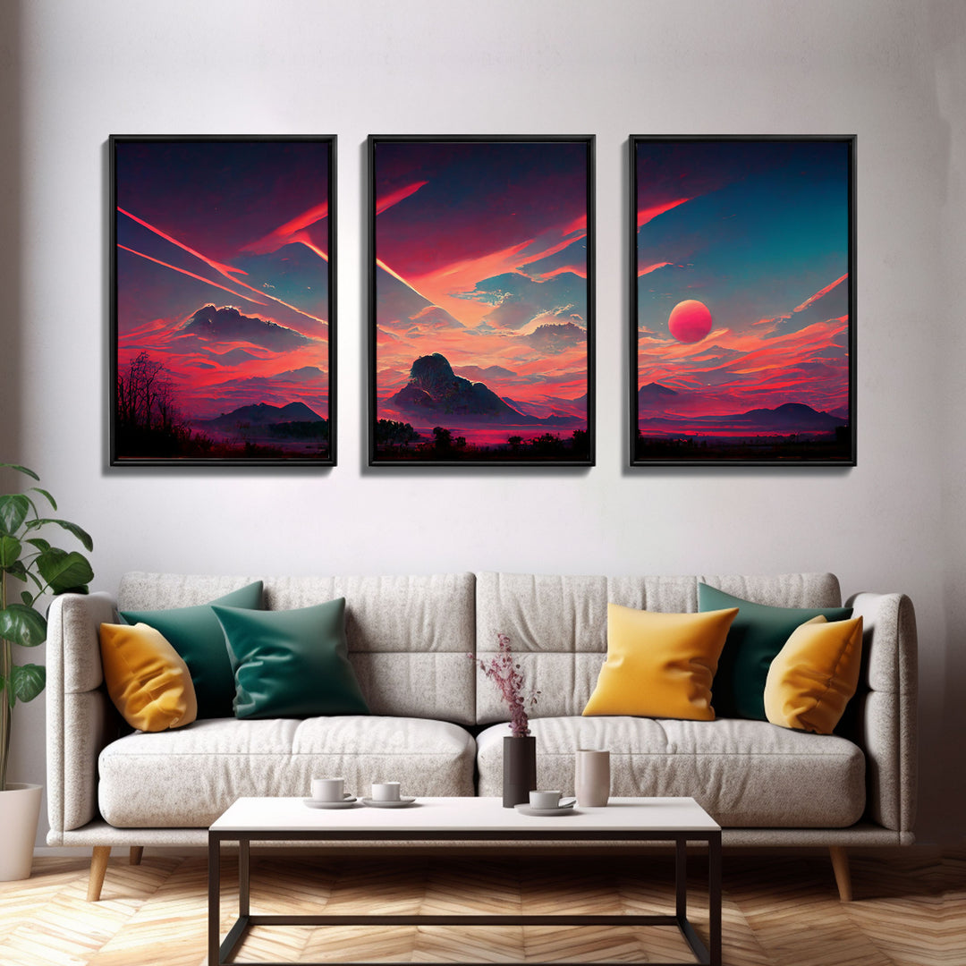 Outrun Style Sunset Over The Mountains, 3 Piece Wall Art, Ready To Hang Canvas Print, Cool Unique Living Room Wall Art Decor