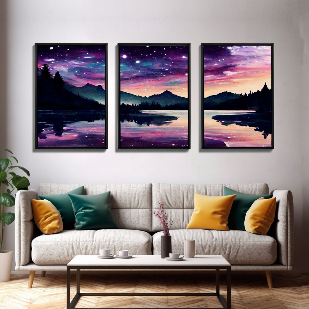 Fantasy Starry Night Magical Forest Landscape, 3 Piece Wall Art, Ready To Hang Canvas Print, Cool Unique Living Room Wall Art Decor