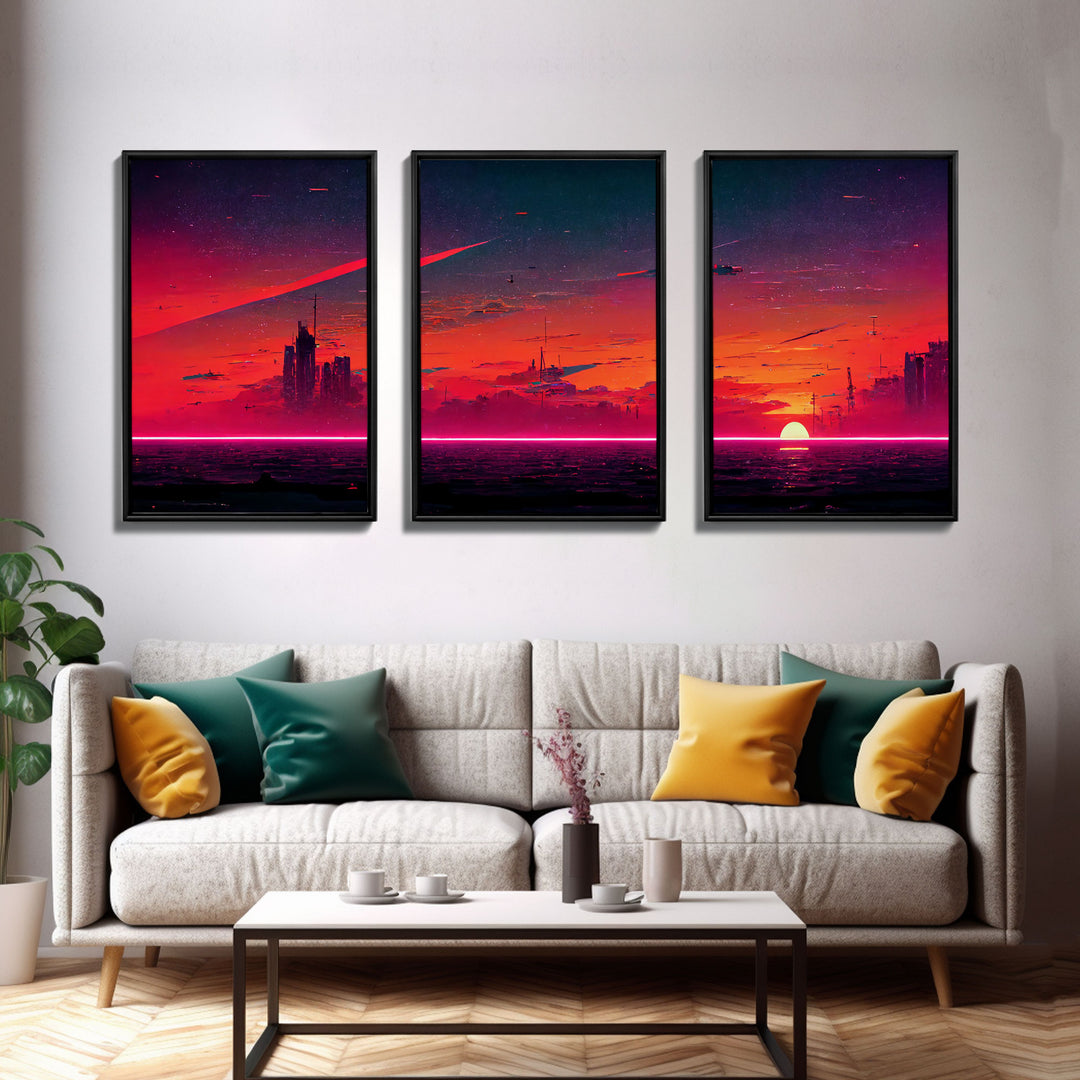 Cyber punk City At Sunset, Outrun, 3 Piece Wall Art, Ready To Hang Canvas Print, Cool Unique Mancave wall Art Decor