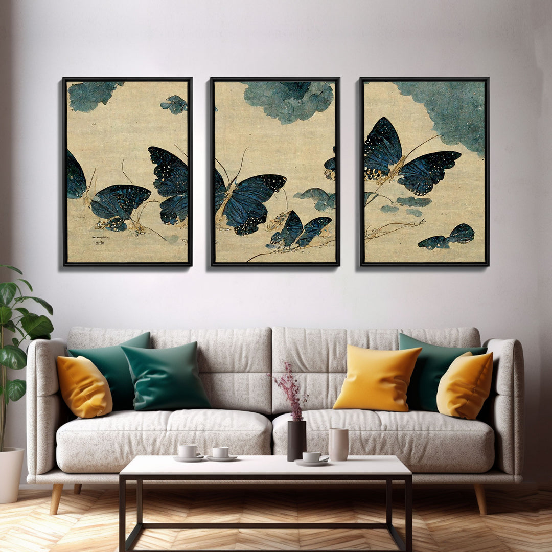 Japanese Butterflies, 3 Piece Wall Art, Ready To Hang Canvas Print, Cool Living Room Wall Art Decor