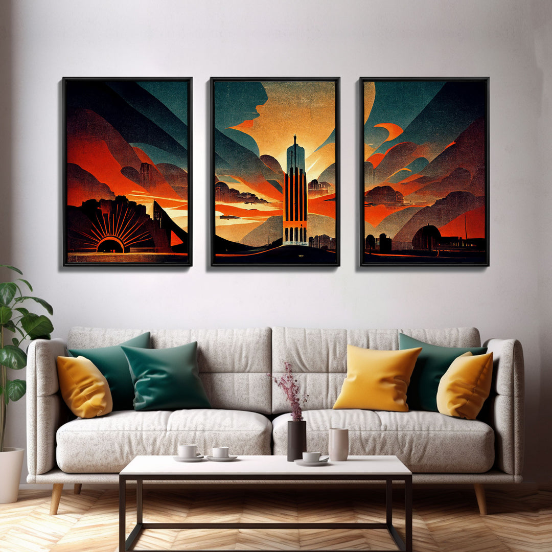 Art Deco Brutalist Architecture, Dystopian, 3 Piece Wall Art, Ready To Hang Canvas Print, Beautiful Living Room Wall Art Decor