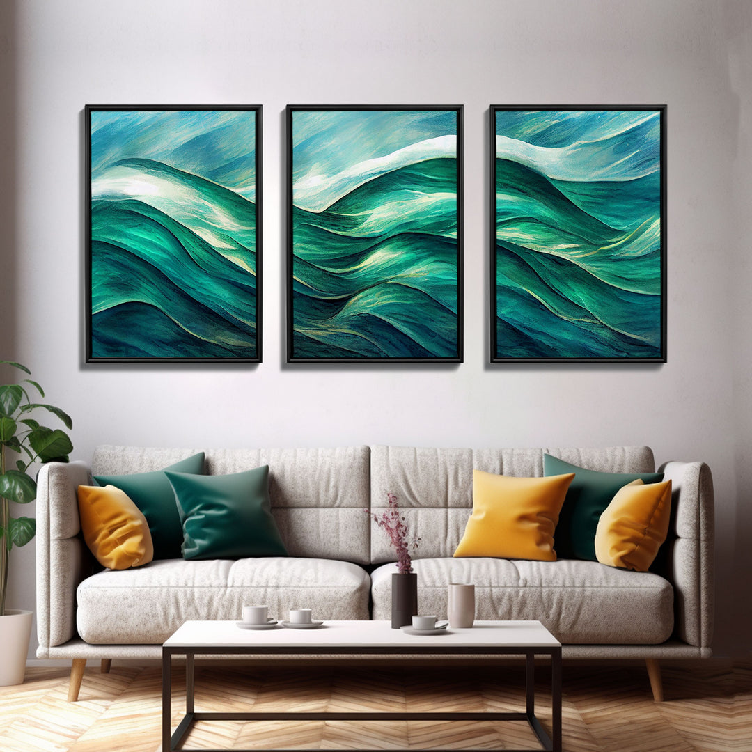 Emerald Green Wall Decor, Sea Green Ocean Waves Abstract, 3 Piece Canvas Decor, 3 Piece Wall Art, Ready To Hang Canvas Prints