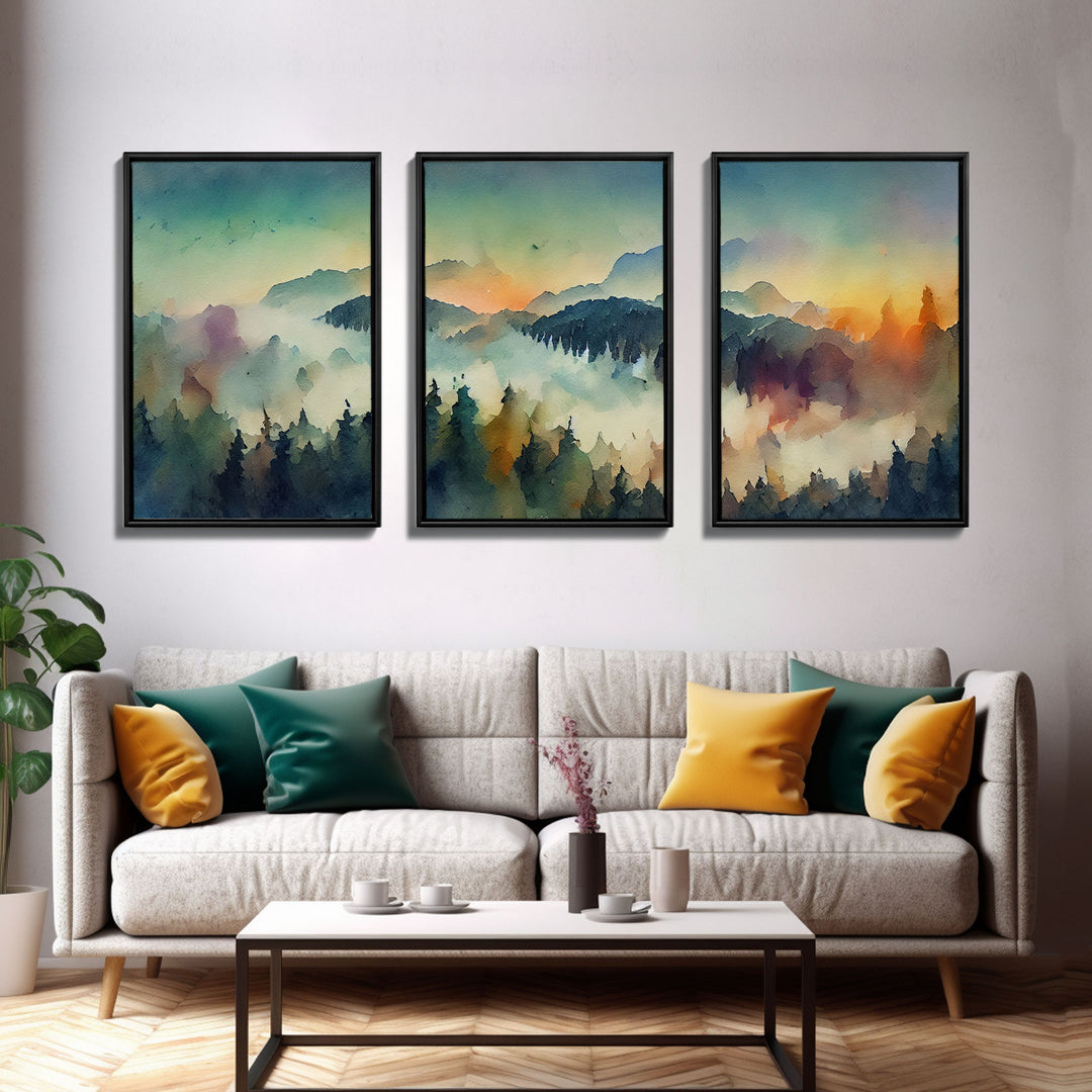 Dramatic Watercolor Sunset Landscape Abstract, Landscape Art, 3 Piece Canvas Decor, 3 Piece Wall Art, Ready To Hang Canvas Prints, Colorful