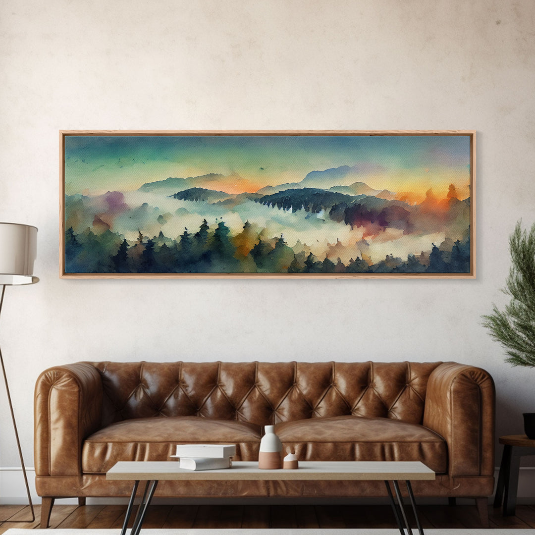 Dramatic Watercolor Sunset Landscape, Ready To Hang Canvas Print, Panoramic, Emerald Green Landscape Wall Decor, Watercolour Painting