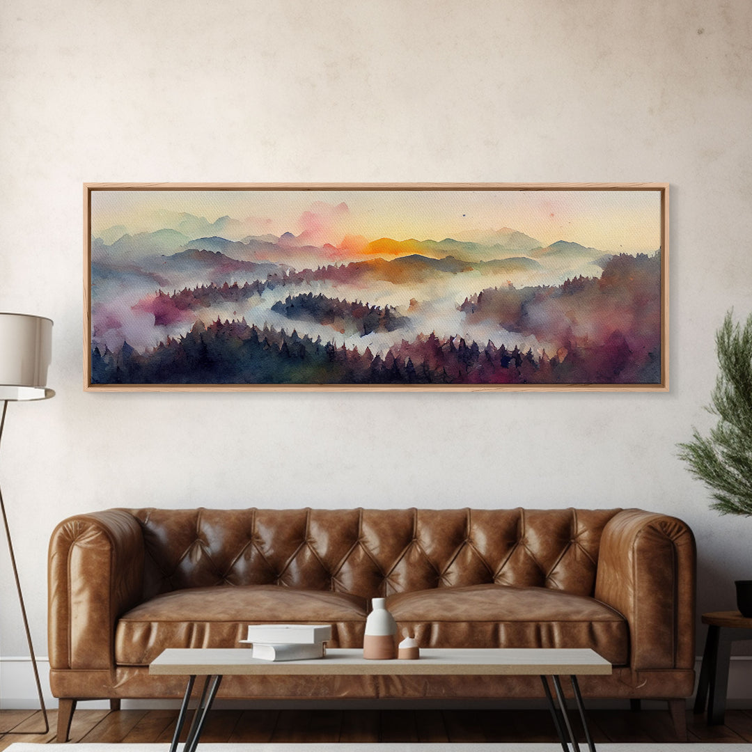 Dramatic Watercolor Sunset Landscape, Ready To Hang Canvas Print, Panoramic, Emerald Green Landscape Wall Decor, Above Bed Art, Guestroom