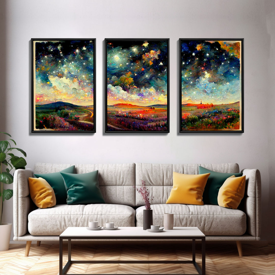 Night Starry Sky Landscape Colorful Night Sky Nature Living Room Wall Art Spiritual Starry, 3 Piece Wall Art, Ready To Hang Canvas Print