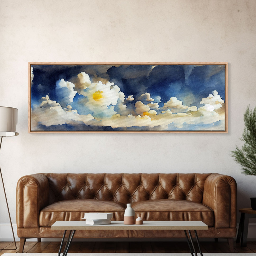 Whimsical Clouds Wall Decor, Ready To Hang Canvas Print, Panoramic, Clouds and Blue Sky, Guest Room Art, Above Bed Art