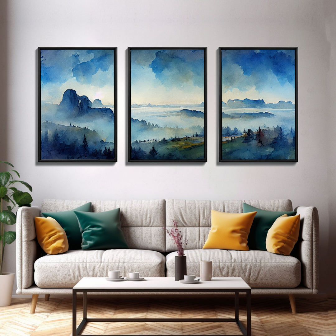 Sapphire Blue Watercolor Landscape, 3 Piece Wall Art, Ready To Hang Canvas Print, Beautiful Living Room Wall Art Decor