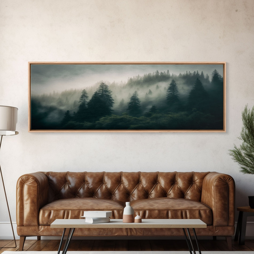 Panoramic watercolor of a misty forest fog, wall art, framed canvas print, farmhouse decor, foggy pine tree forest landscape, cabin art