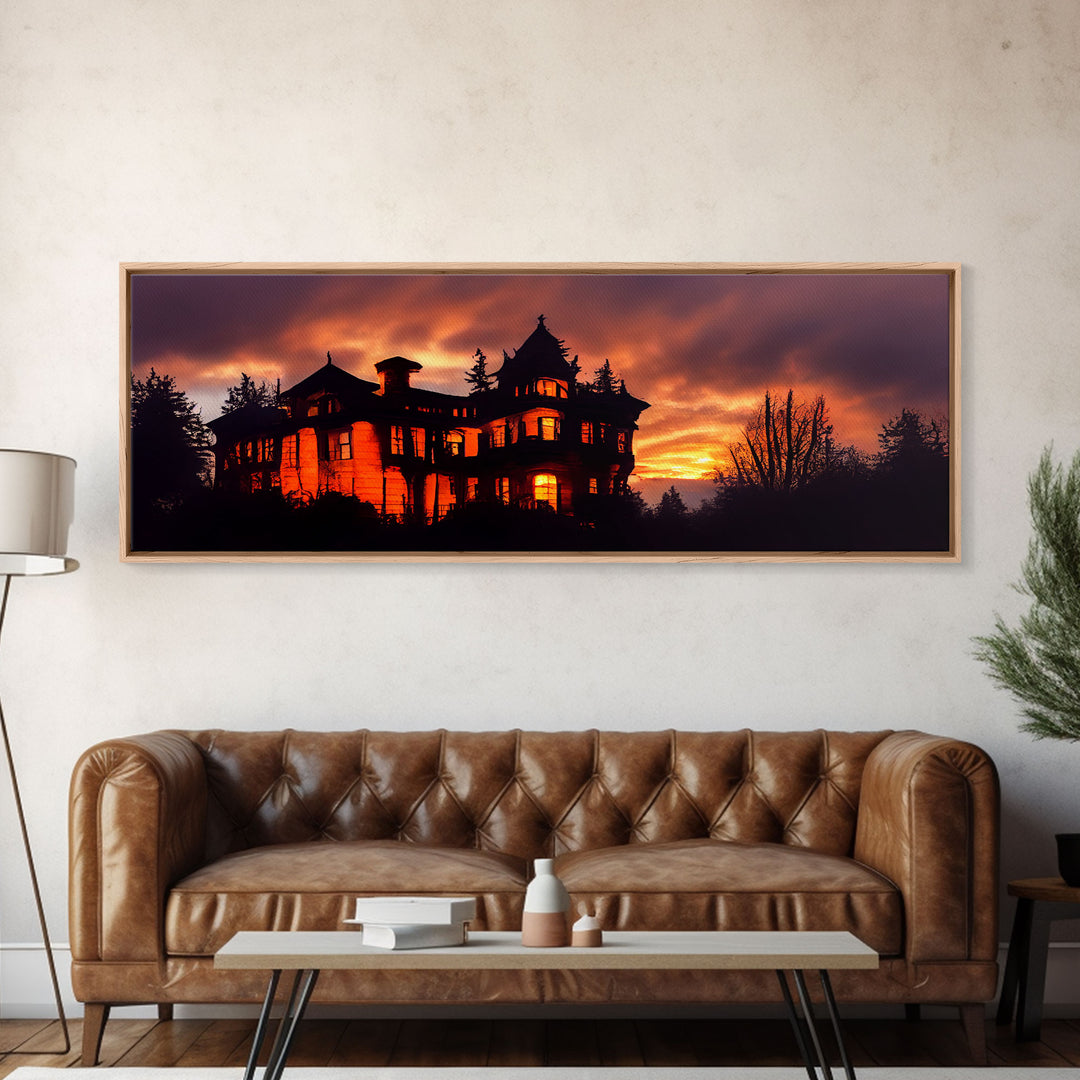 Spooky Haunted House, Panoramic Wall Art Canvas Print, Ready To Hang, Creepy Wall Decor, Gloomy Art