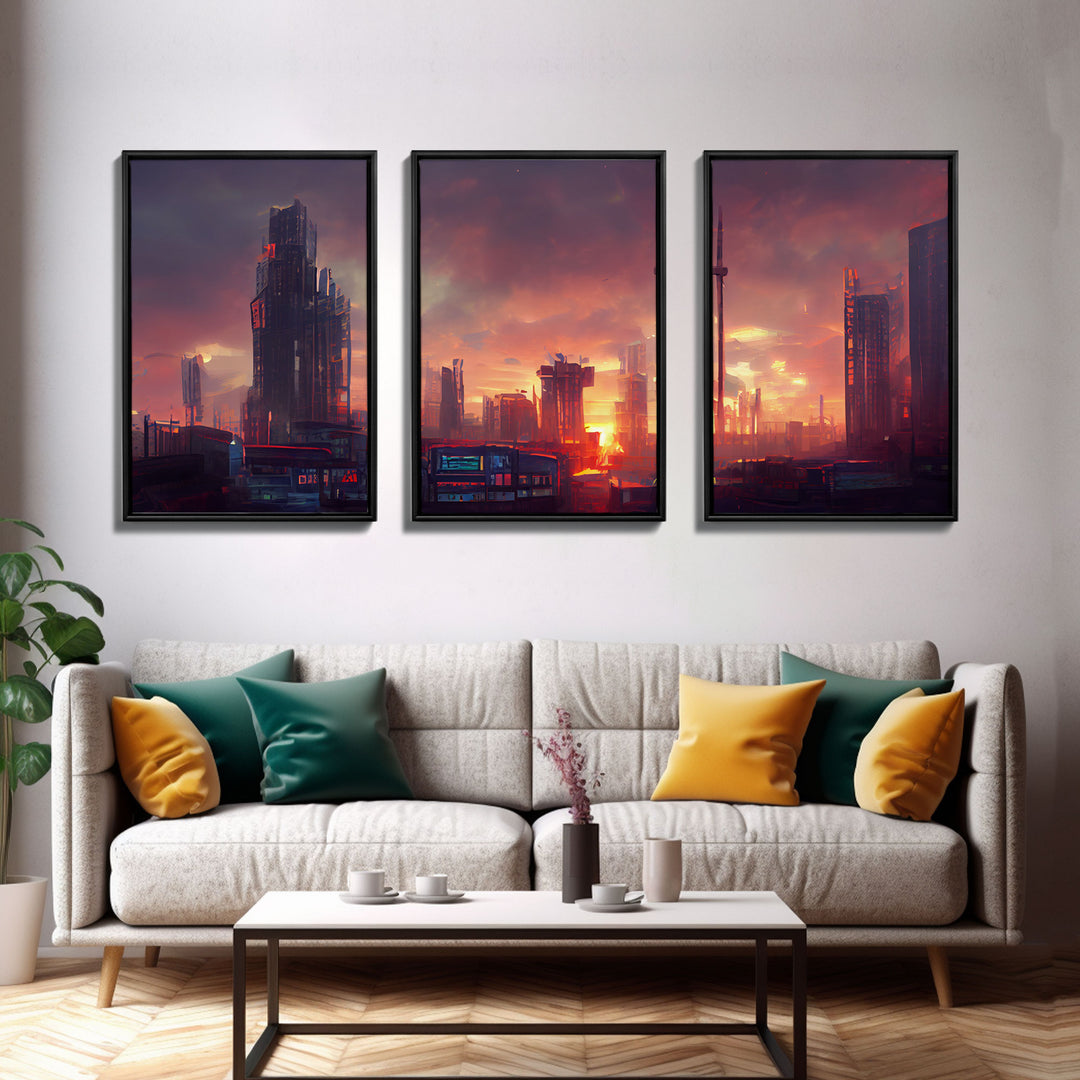 Cyberpunk City, Night City Watercolor, Videogame Concept Art, Watercolor Of a Cyberpunk City 3 Piece Wall Art, Ready To Hang Canvas Print