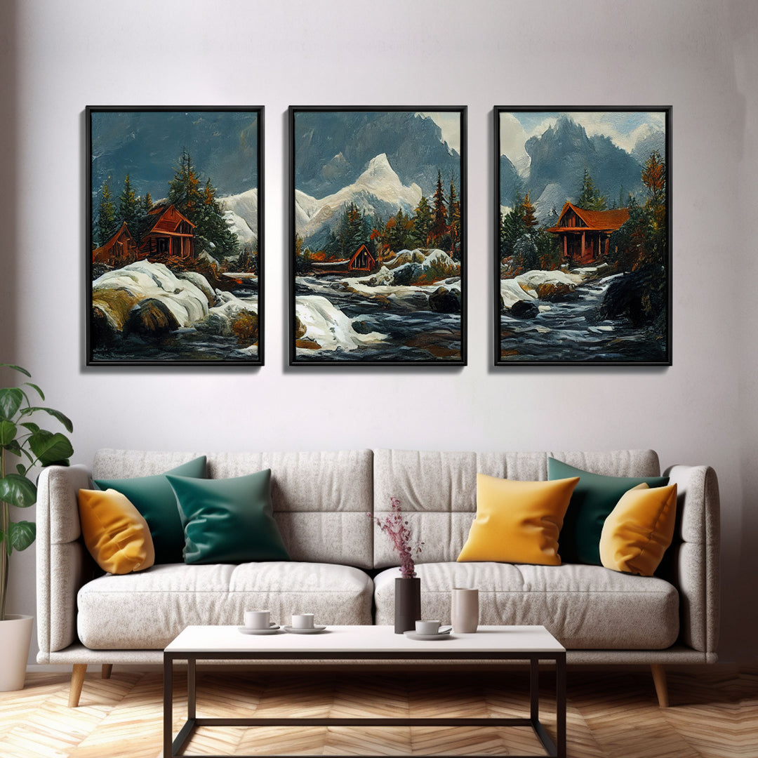 A Winter Landscape, Trees In The Fall, Snow Capped Mountains, Gold Rush Prospecting, 3 Piece Wall Art, Ready To Hang Canvas Print