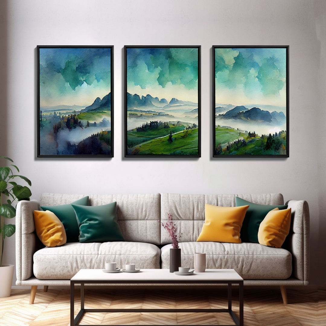 Emerald Green Landscape Watercolor, Panoramic Art, Cool Wall Decor, 3 Piece Wall Art, Ready To Hang Canvas Print