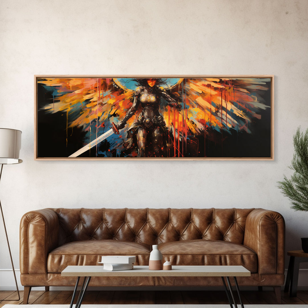 The Battle Angel, Framed Canvas Print, Game Room Art, Panoramic Painting, Panoramic Wall Art, Extra Large Wall Art