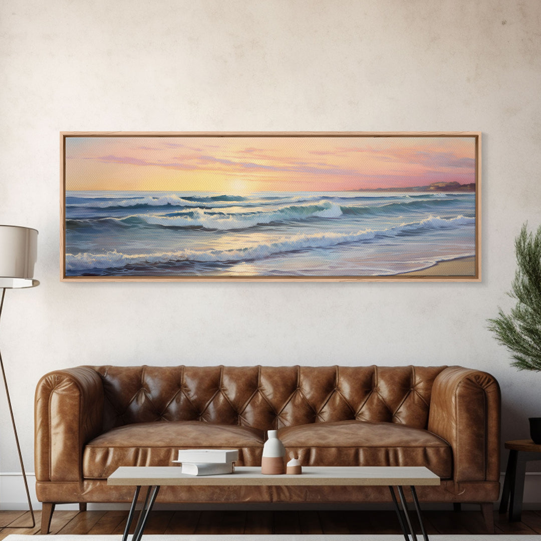 The Joy Of The Beach, Framed Canvas Print, Handmade Wall Art, Extra Large Minimalist Swimming Decor, Abstract Oil Painting, Panoramic Art