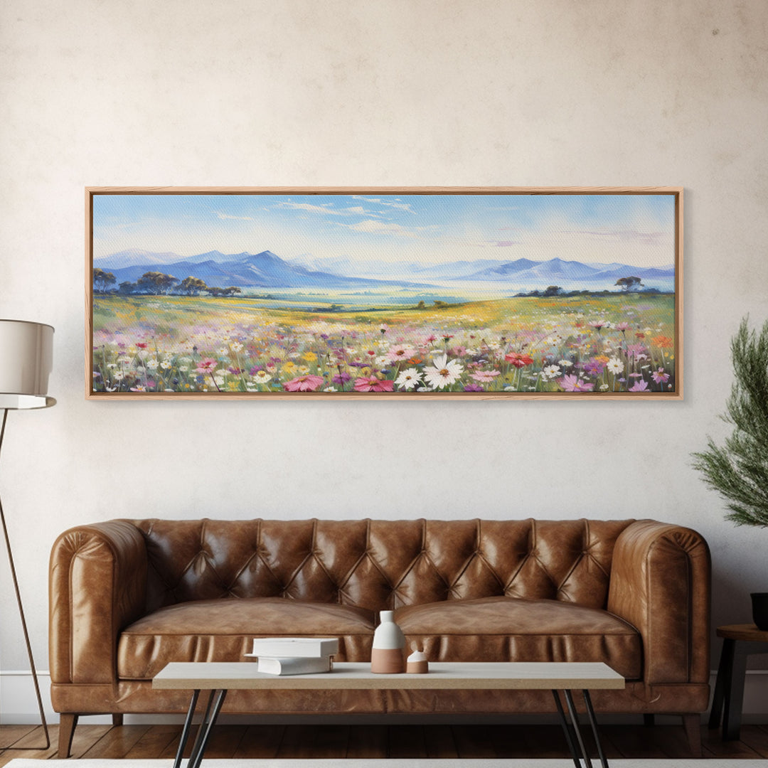 Beautiful Wildflowers Watercolor Painting Framed Canvas Print, Ultra Wide Panoramic Wall Art, 20 x 60 Art, Springtime Decor