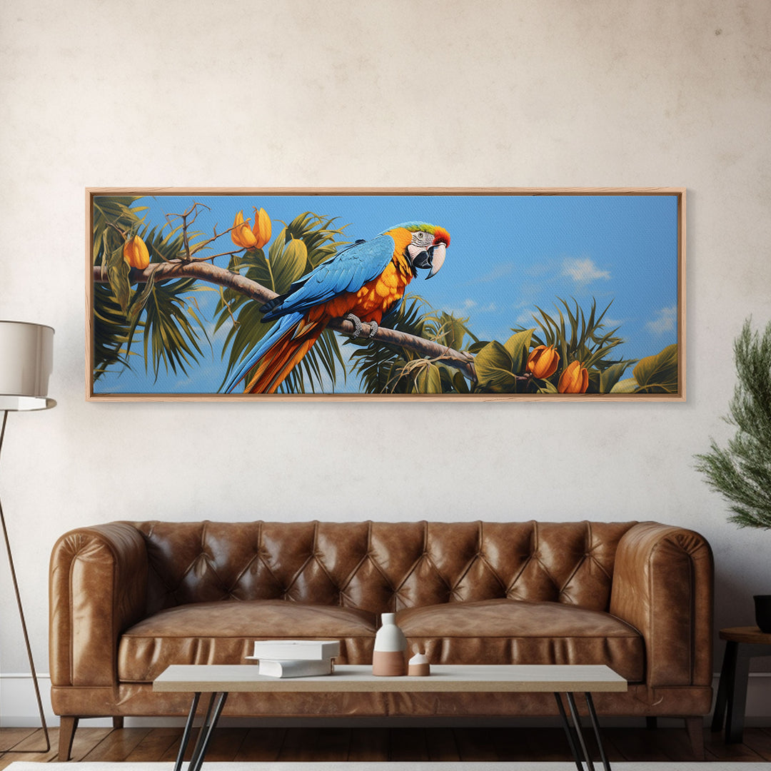 Panoramic Photo Print Of a Parrot, Framed Canvas Print, Tropical Beach Decor