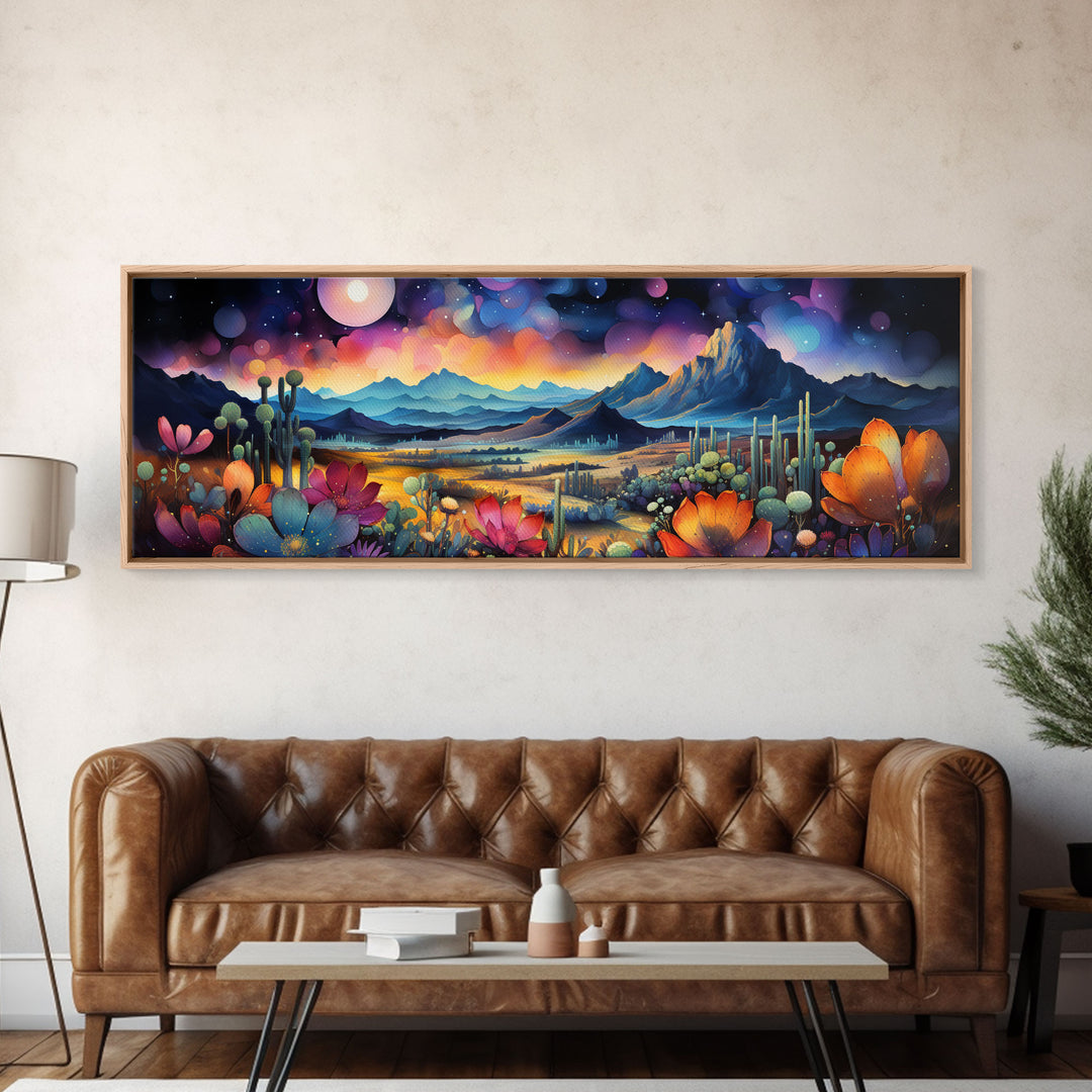 Starry Night Over A Southwestern Desert, Boho Decor, Van Gogh Inspired Southwestern Style Desert Painting, Framed Canvas Print