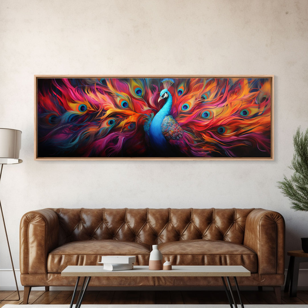 Surreal Peacock Painting Framed Canvas Print, Colorful Minimalist MCM Style Wall Art, Peacock Print