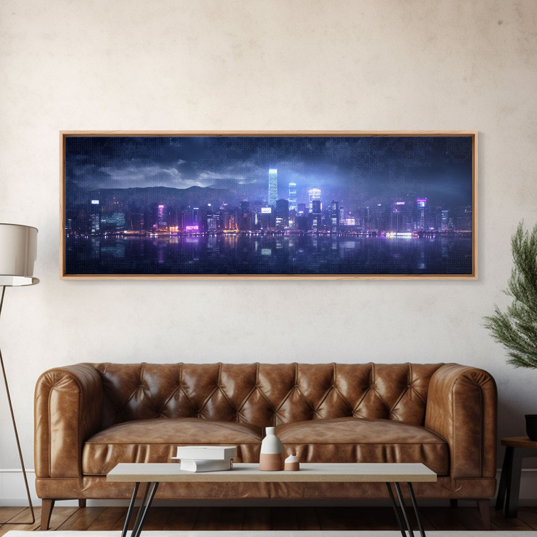 Cyberpunk Hong Kong City Skyline, Framed Canvas Print, Cyberpunk Style Wall Art, Synthwave Decor, Videogame Concept Art