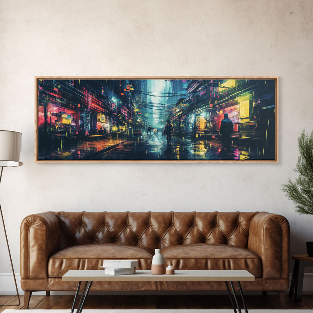 Cyberpunk Tokyo City Streets, Framed Canvas Print, Cyberpunk Style Wall Art, Synthwave Decor, Videogame Concept Art