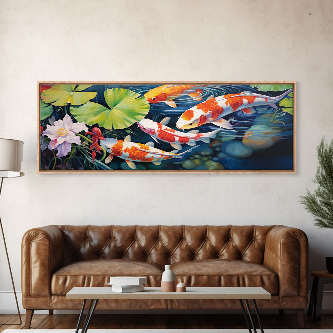 The Koi Pond Framed Canvas Print, Koi Fish Decor, Koi Fish Garden Wall Art, Koi Fish and Lilly Pads