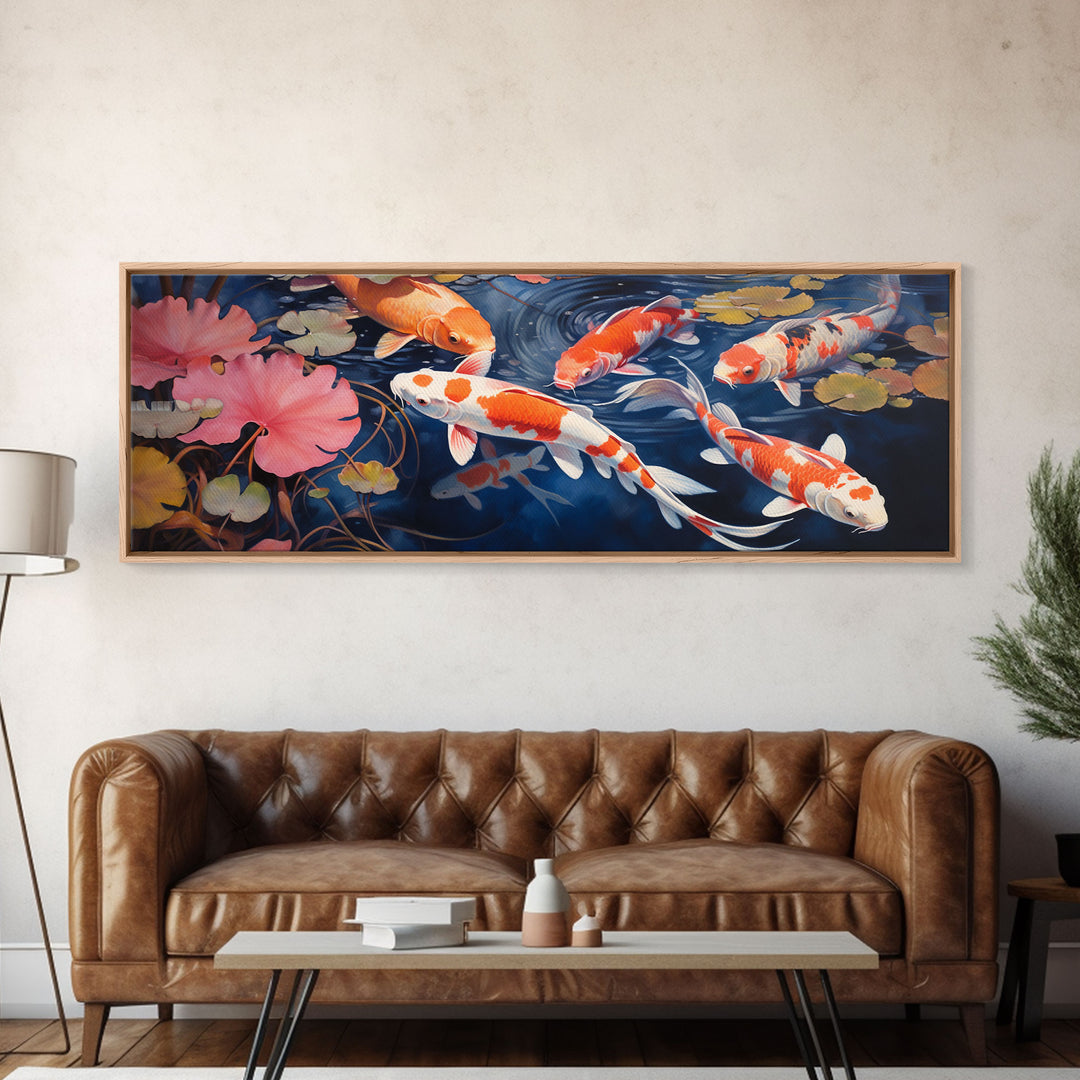 The Koi Pond Framed Canvas Print, Koi Fish Decor, Koi Fish Garden Wall Art, Koi Fish and Lilly Pads