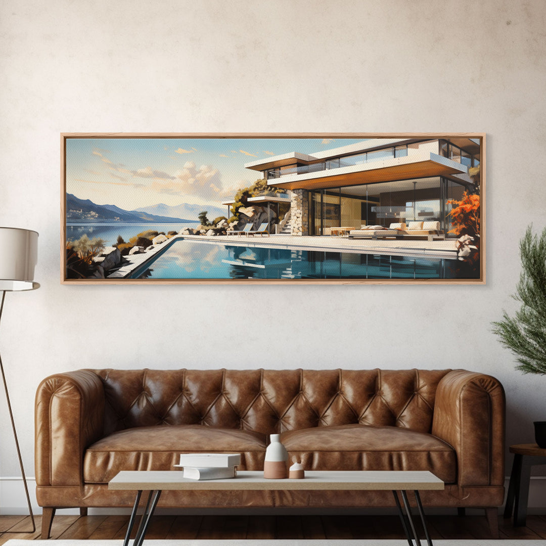 Midcentury Modern Architecture Painting Framed Canvas Print, Beautiful MCM House On Lake Tahoe, Livingroom Centerpiece Wall Art