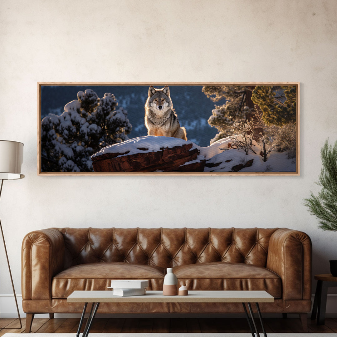 Panoramic Photo Print Of a Timber Wolf, Framed Canvas Print, Photography Print, Lakehouse Wall Art, Rustic Decor, Farmhouse Decor