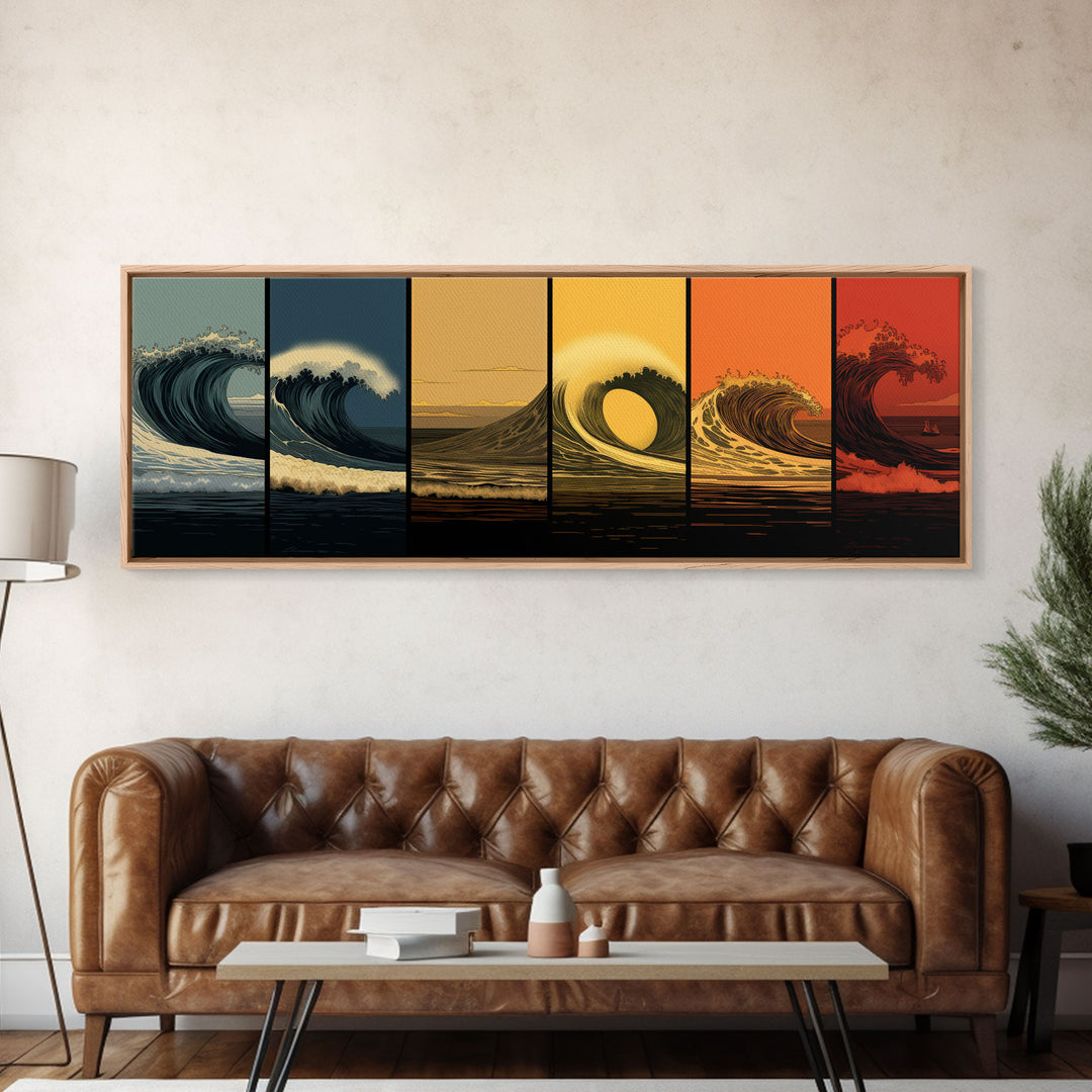 Warhol Inspired Pop Art Print, 6 Phases Of The Ocean Wave, Sunset To Sunrise, Beach Decor, Pop Art Painting Framed Canvas Print