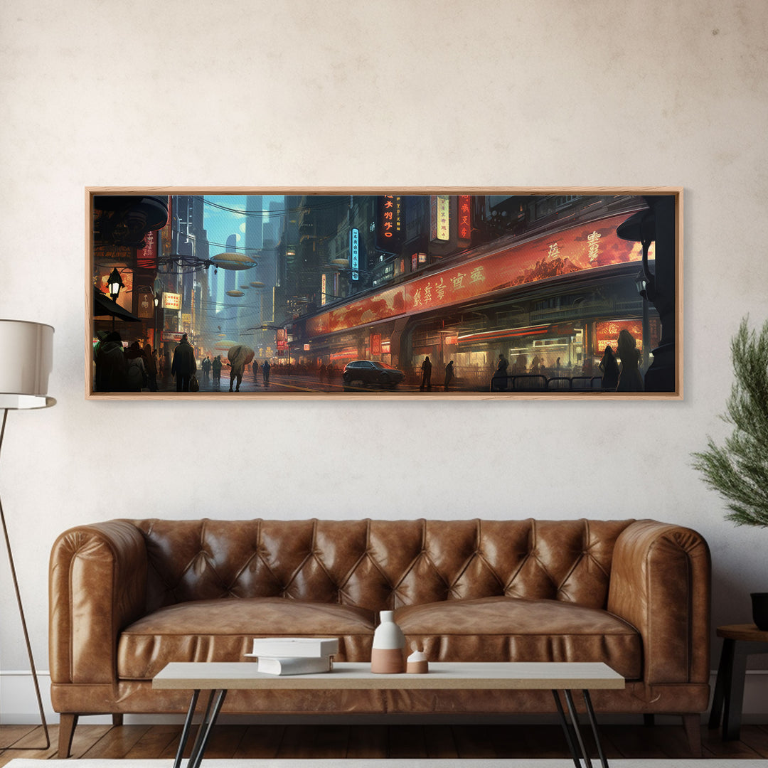 Futuristic Cyberpunk City, Framed Canvas Print, Dystopian Art, Metropolis Painting, Unique Office Decor