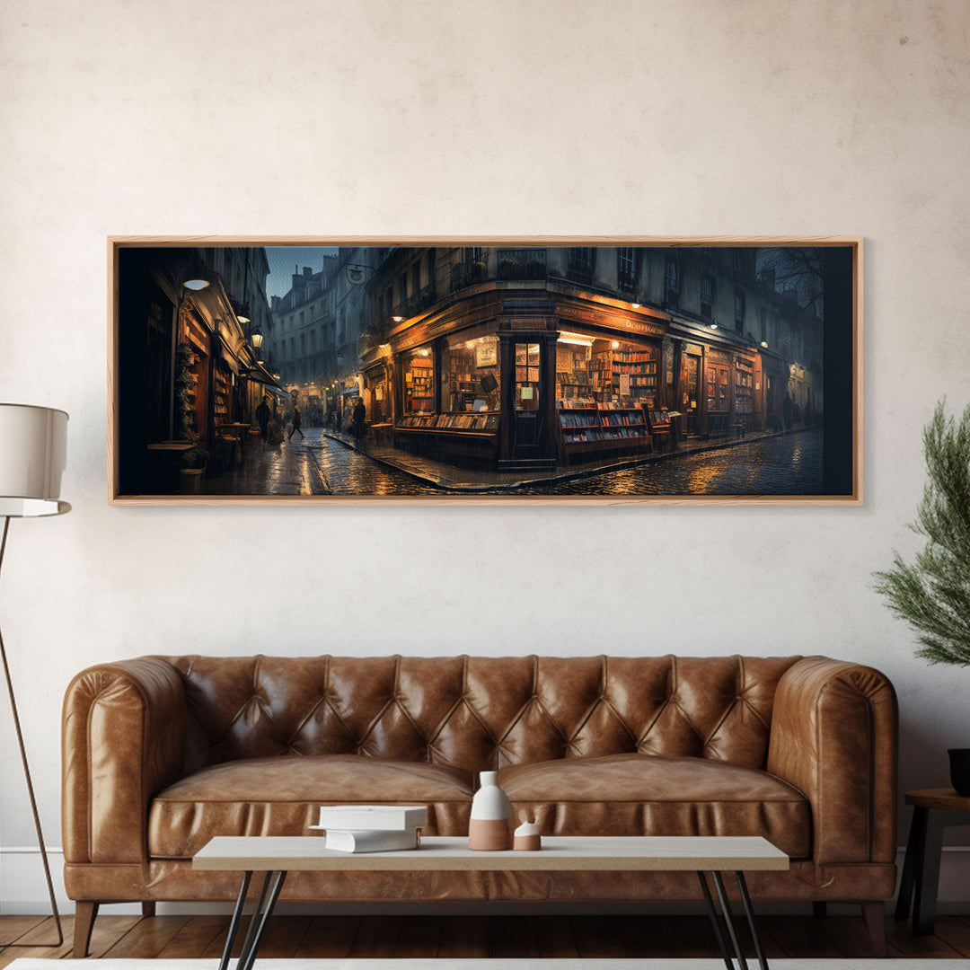 The Book Shop in Paris, Framed Canvas Print, Paris On A Rainy Night, Living Room Decor, Victorian Oil Painting