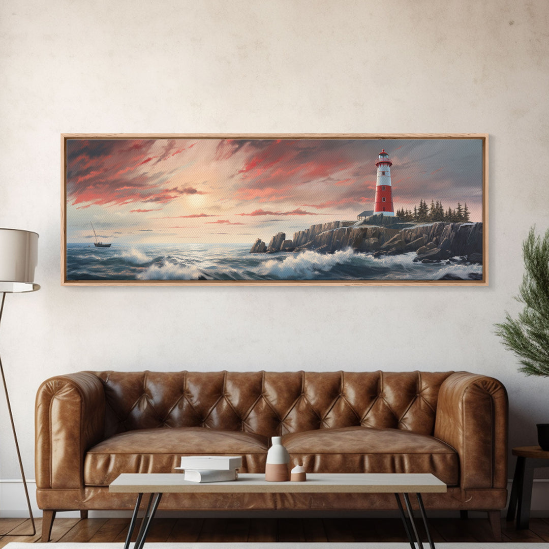 Lighthouse On A Rocky Cliff At Sunset, Framed Canvas Print / Wall Art, Watercolor Painting of a Nautical Scene