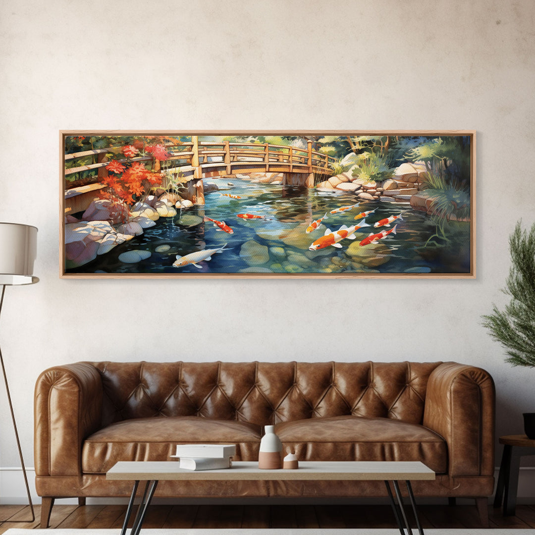 Panoramic Koi Pond Painting Canvas Print, Framed Wall Art, Unique Home Decor, Gift Idea, Art With Frame, Living Room Art