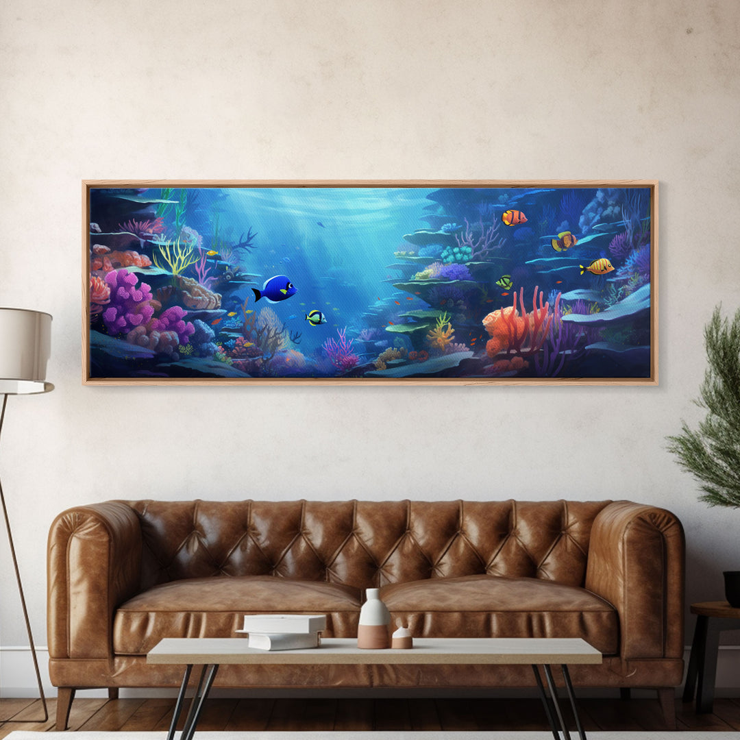 Great Barrier Reef Framed Canvas Print, Underwater Painting Art, Colorful Wall Art, Unique Gift Idea