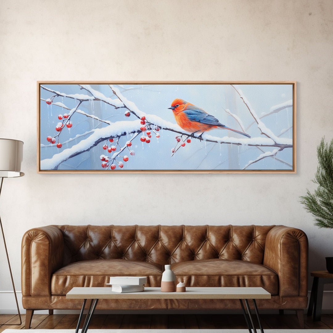 Panoramic Print of a Bluebird In A Snow Storm, Winter Decor, Christmas Centerpiece, Beautiful Animal Print, Animal Painting, Canvas Print