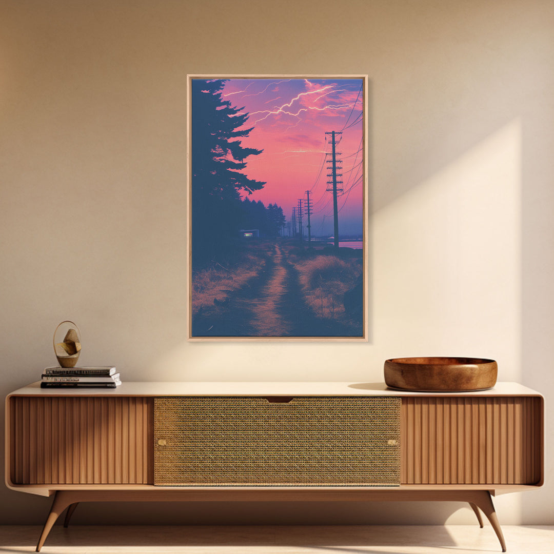 Lightning At Sunset, Framed Canvas Print, Vaporwave Aesthetic Wall Art, Liminal Spaces Photography Print, Dorm Room Decor, Retro Art