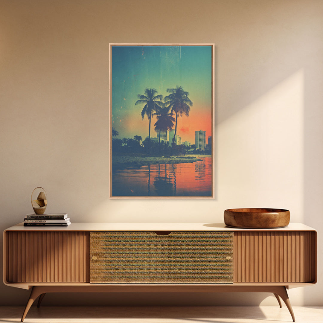 Palm Tree Wall Art, Cityscape Art, Sunset, Canvas Print, Wall Hanging, Portrait Art, Realtor Closing Gift, Bedroom Prints , Farmhouse Art